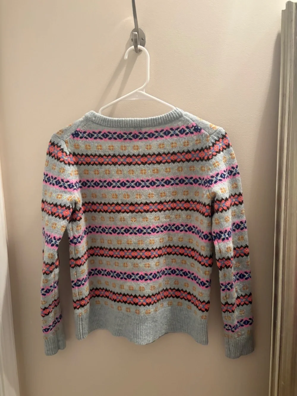 J Crew grey, multicolored Fair Isle pull over sweater.